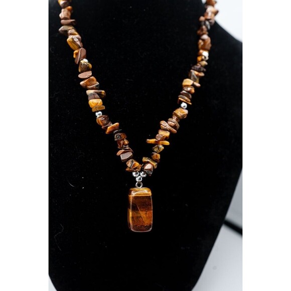 Tigers eye 17 " necklace bracelet 8" and earring set gold tone parure - Picture 3 of 10